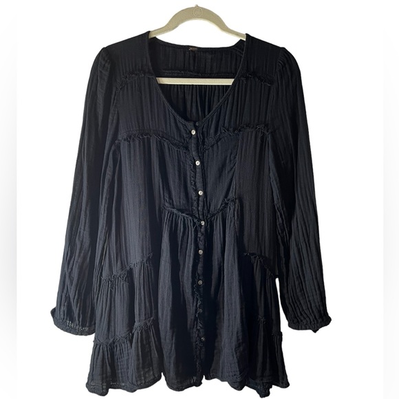 FREE PEOPLE Black Button Tunic Baby Doll Mini Dress Black Double Gauze Oversized - Picture 2 of 4
